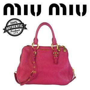 Miu Miu Vitello Leather Hand Bag Top Zipper 2 Ways Hot Pink
